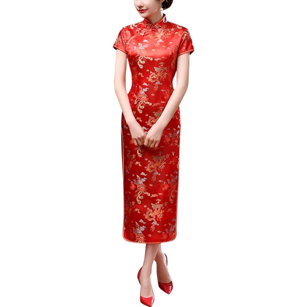 5183 Vintage Short Sleeve Maxi Cheongsam Print High Slit Side Traditional